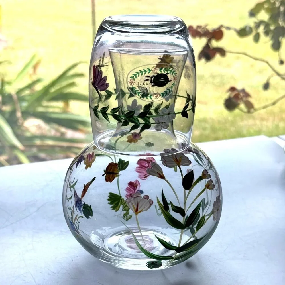 Vintage Hand Painted I.Godinger & Co Glass Tumble Up Floral & Insects Signed